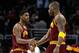 CLEVELAND, OH - DECEMBER 26: Kyrie Irving #2 and Antawn Jamison #4 of the Cleveland Cavaliers react after a play against the Toronto Raptors during the season opener at Quicken Loans Arena on December 26, 2011 in Cleveland, Ohio. NOTE TO USER: User expressly acknowledges and agrees that, by downloading and or using this photograph, User is consenting to the terms and conditions of the Getty Images License Agreement. (Photo by Mike Lawrie/Getty Images)