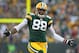 GREEN BAY, WI - JANUARY 15: Jermichael Finley #88 of the Green Bay Packers reacts after a play against the New York Giants during their NFC Divisional playoff game at Lambeau Field on January 15, 2012 in Green Bay, Wisconsin. (Photo by Jamie Squire/Getty Images)