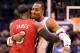 ORLANDO, FL - FEBRUARY 08: LeBron James #6 of the Miami Heat hugs Dwight Howard #12 of the Orlando Magic during the game at Amway Center on February 8, 2012 in Orlando, Florida. NOTE TO USER: User expressly acknowledges and agrees that, by downloading and or using this Photograph, user is consenting to the terms and conditions of the Getty Images License Agreement. (Photo by Sam Greenwood/Getty Images)