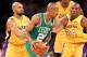 LOS ANGELES, CA - JUNE 17: Ray Allen #20 of the Boston Celtics looks to move the ball as he is covered by Derek Fisher #2 and Kobe Bryant #24 of the Los Angeles Lakers in the first quarter of Game Seven of the 2010 NBA Finals at Staples Center on June 17, 2010 in Los Angeles, California. NOTE TO USER: User expressly acknowledges and agrees that, by downloading and/or using this Photograph, user is consenting to the terms and conditions of the Getty Images License Agreement. (Photo by Ronald Martinez/Getty Images)