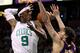 BOSTON - JUNE 10: Rajon Rondo #9 of the Boston Celltics passes the ball over Pau Gasol #16 of the Los Angeles Lakers during Game Four of the 2010 NBA Finals on June 10, 2010 at TD Garden in Boston, Massachusetts. NOTE TO USER: User expressly acknowledges and agrees that, by downloading and/or using this Photograph, user is consenting to the terms and conditions of the Getty Images License Agreement. (Photo by Elsa/Getty Images)