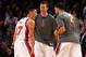 NEW YORK, NY - FEBRUARY 10: (L-R) Jeremy Lin #17, Steve Novak #16 and Landry Fields #2 of the New York Knicks celebrate after Lin made a 3-point basket in the fourth quarter at Madison Square Garden on February 10, 2012 in New York City. NOTE TO USER: User expressly acknowledges and agrees that, by downloading and or using this photograph, User is consenting to the terms and conditions of the Getty Images License Agreement. (Photo by Chris Chambers/Getty Images)