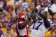 Morris Claiborne intercepts a pass against the Arkansas Razorbacks
