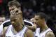 SAN ANTONIO, TX - APRIL 27: Gary Neal #14 of the San Antionio Spurs celebrates with George Hill #3 after hitting a three pointer at the end of regulation to tie the game against the Memphis Grizzlies in Game Five of the Western Conference Quarterfinals in the 2011 NBA Playoffs on April 27, 2011 at AT&T Center in San Antonio, Texas. NOTE TO USER: User expressly acknowledges and agrees that, by downloading and or using this photograph, User is consenting to the terms and conditions of the Getty Images License Agreement. (Photo by Jed Jacobsohn/Getty Images)