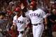 ARLINGTON, TX - OCTOBER 15: Adrian Beltre #29 and Mike Napoli #25 the Texas Rangers celebrate after scoring on a single by David Murphy #7 in the third inning of Game Six of the American League Championship Series against the Detroit Tigers at Rangers Ballpark in Arlington on October 15, 2011 in Arlington, Texas. (Photo by Kevork Djansezian/Getty Images)
