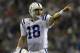 JACKSONVILLE, FL - OCTOBER 22: Quarterback Peyton Manning #18 of the Indianapolis Colts directs a touchdown drive against the Jacksonville Jaguars at the Jacksonville Municipal Stadium on October 22, 2007 in Jacksonville, Florida. (Photo by Al Messerschmidt/Getty Images)
