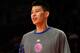 NEW YORK, NY - FEBRUARY 10: Jeremy Lin #17 of the New York Knicks looks on during warm ups against the Los Angeles Lakers at Madison Square Garden on February 10, 2012 in New York City. NOTE TO USER: User expressly acknowledges and agrees that, by downloading and or using this photograph, User is consenting to the terms and conditions of the Getty Images License Agreement. (Photo by Chris Chambers/Getty Images)