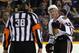 NASHVILLE, TN - FEBRUARY 14: Jonathan Toews #19 of the Chicago Blackhawks argues a first period penalty call with referee Francois St. Laurent #38 in the game against the Nashville Predators at the Bridgestone Arena on February 14, 2012 in Nashville, Tennessee. (Photo by Bruce Bennett/Getty Images)