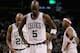 BOSTON, MA - JANUARY 06: Kevin Garnett #5, Ray Allen #20 and Paul Pierce #34 of the Boston Celtics react in the fourth quarter against the Indiana Pacers on January 6, 2012 at TD Garden in Boston, Massachusetts. The Indiana Pacers defeated the Boston Celtics 87-74. NOTE TO USER: User expressly acknowledges and agrees that, by downloading and or using this photograph, User is consenting to the terms and conditions of the Getty Images License Agreement. (Photo by Elsa/Getty Images)
