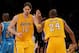 LOS ANGELES, CA - APRIL 26: Pau Gasol #16 reacts with teammate Kobe Bryant #24 of the Los Angeles Lakers in the third quarter while taking on the New Orleans Hornets in Game Five of the Western Conference Quarterfinals in the 2011 NBA Playoffs on April 26, 2011 at Staples Center in Los Angeles, California. NOTE TO USER: User expressly acknowledges and agrees that, by downloading and or using this photograph, User is consenting to the terms and conditions of the Getty Images License Agreement. (Photo by Harry How/Getty Images)