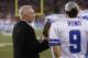 CANTON, OH - AUGUST 8: Dallas Cowboys owner Jerry Jones talks with Tony Romo #9 on the sidelines against the Cincinnati Bengals during the 2010 Pro Football Hall of Fame Game at the Pro Football Hall of Fame Field at Fawcett Stadium on August 8, 2010 in Canton, Ohio. The Cowboys defeated the Bengals 16-7. (Photo by Joe Robbins/Getty Images)