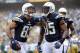 SAN DIEGO, CA - NOVEMBER 06: Vincent Jackson #83 of the San Diego Chargers celebrates his touchdown with Greg Jennings #85 for a 7-0 lead over the Green Bay Packers during the first quarter at Qualcomm Stadium on November 6, 2011 in San Diego, California. (Photo by Harry How/Getty Images)