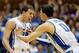 DURHAM, NC - FEBRUARY 16: Austin Rivers #0 of the Duke Blue Devils celebrates with teammate Seth Curry #30 as the Duke Blue Devils defeat the North Carolina State Wolfpack 78-73 at Cameron Indoor Stadium on February 16, 2012 in Durham, North Carolina. (Photo by Streeter Lecka/Getty Images)