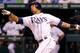 ST PETERSBURG, FL - OCTOBER 03: Desmond Jennings #8 of the Tampa Bay Rays hits a solo home run in the eighth inning against Mike Adams #37 of the Texas Rangers in Game Three of the American League Division Series at Tropicana Field on October 3, 2011 in St Petersburg, Florida. (Photo by Mike Ehrmann/Getty Images)