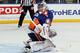 UNIONDALE, NY - FEBRUARY 11: Evgeni Nabokov #20 of the New York Islanders in action against the Los Angeles Kings on February 11, 2012 at Nassau Coliseum in Uniondale, New York. The Islanders defeated the Kings 2-1 in overtime. (Photo by Jim McIsaac/Getty Images)