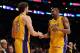 LOS ANGELES, CA - APRIL 20: Pau Gasol #16 and Andrew Bynum #17 of the Los Angeles Lakers celebrate as Bynum comes to the bench while taking on the New Orleans Hornets in Game Two of the Western Conference Quarterfinals in the 2011 NBA Playoffs on April 20, 2011 at Staples Center in Los Angeles, California. NOTE TO USER: User expressly acknowledges and agrees that, by downloading and or using this photograph, User is consenting to the terms and conditions of the Getty Images License Agreement. (Photo by Harry How/Getty Images)
