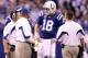 INDIANAPOLIS, IN - JANUARY 08: Quarterback Peyton Manning #18 of the Indianapolis Colts talks with head coach Jim Caldwell against the New York Jets during their 2011 AFC wild card playoff game at Lucas Oil Stadium on January 8, 2011 in Indianapolis, Indiana. The Jets won 17-16. (Photo by Andy Lyons/Getty Images)