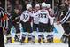 ANAHEIM, CA - JANUARY 22: (L-R) Gabriel Landeskog #92, Paul Stastny #26, Kyle Quincey #27 and Milan Hejduk #23 of the Colorado Avalanche celebrate Hejduk's third period goal as Andrew Cogliano #7 of the Anaheim Ducks looks on during the NHL game at Honda Center on January 22, 2012 in Anaheim, California. The Ducks defeated the Avalanche 3-2. (Photo by Victor Decolongon/Getty Images)