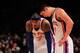 NEW YORK, NY - FEBRUARY 20: Carmelo Anthony #7 and Jeremy Lin #17 of the New York Knicks stand on the court against the New Jersey Nets at Madison Square Garden on February 20, 2012 in New York City. NOTE TO USER: User expressly acknowledges and agrees that, by downloading and/or using this Photograph, user is consenting to the terms and conditions of the Getty Images License Agreement. (Photo by Chris Trotman/Getty Images)