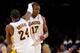 LOS ANGELES, CA - DECEMBER 25: Kobe Bryant #24 celebrates with teammate Andrew Bynum #17 of the Los Angeles Lakers of the Phoenix Suns at Staples Center on December 25, 2007 in Los Angeles, California. NOTE TO USER: User expressly acknowledges and agrees that, by downloading and or using this Photograph, user is consenting to the terms and conditions of the Getty Images License Agreement. (Photo by Lisa Blumenfeld/Getty Images)
