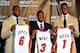 MIAMI - JULY 09: LeBron James #6, Dwyane Wade #3 and Chris Bosh #1 of the Miami Heat show off their new game jerseys before a press conference after a welcome party at American Airlines Arena on July 9, 2010 in Miami, Florida. (Photo by Doug Benc/Getty Images)