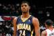 ATLANTA, GA - FEBRUARY 08: Paul George #24 of the Indiana Pacers against the Atlanta Hawks at Philips Arena on February 8, 2012 in Atlanta, Georgia. NOTE TO USER: User expressly acknowledges and agrees that, by downloading and or using this photograph, User is consenting to the terms and conditions of the Getty Images License Agreement. (Photo by Kevin C. Cox/Getty Images)
