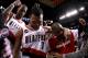PORTLAND, OR - APRIL 23: Brandon Roy #7 of the Portland Trail Blazers celebrates with teammates Marcus Camby #23 and Armon Johnson #1 after overcoming a 23 point deficit to defeat the of the Dallas Mavericks 84-82 in Game Four of the Western Conference Quarterfinals in the 2011 NBA Playoffs on April 23, 2011 at the Rose Garden in Portland, Oregon. NOTE TO USER: User expressly acknowledges and agrees that, by downloading and or using this photograph, User is consenting to the terms and conditions of the Getty Images License Agreement. (Photo by Jonathan Ferrey/Getty Images)