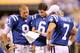 INDIANAPOLIS, IN - AUGUST 19: Mike Hartline #9, Dan Orlovsky#6 and Curtis Painter #7 of the Indianapolis Colts look at play sheets during the game against the Washington Redskins at Lucas Oil Stadium on August 19, 2011 in Indianapolis, Indiana. (Photo by Andy Lyons/Getty Images)
