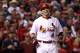 ST LOUIS, MO - OCTOBER 28: Yadier Molina #4 of the St. Louis Cardinals reacts after a strike call with the bases loaded in the fifth inning during Game Seven of the MLB World Series against the Texas Rangers at Busch Stadium on October 28, 2011 in St Louis, Missouri. (Photo by Jamie Squire/Getty Images)