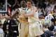 NASHVILLE, TN - FEBRUARY 11: John Jenkins #23 and Festus Ezeli #3 of the Vanderbilt Commodores celebrate during the game against the Kentucky Wildcats at Memorial Gymnasium on February 11, 2012 in Nashville, Tennessee. Kentucky won 69-63. (Photo by Joe Robbins/Getty Images)