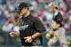 CLEVELAND, OH - JULY 8: Manager John Farrell #52 of the Toronto Blue Jays returns back to the dugout after contesting a call during the fifth inning against the Cleveland Indians at Progressive Field on July 8, 2011 in Cleveland, Ohio. (Photo by Jason Miller/Getty Images)