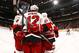 OTTAWA, ON - NOVEMBER 27: Jamie McBain #4;Eric Staal #12 and Jeff Skinner #53 of the Carolina Hurricanes celebrate a goal against the Ottawa Senators in a game at Scotiabank Place on November 27, 2011 in Ottawa, Canada. (Photo by Phillip MacCallum/Getty Images)