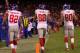 SAN FRANCISCO, CA - JANUARY 22: (L-R) Mario Manningham #82, Hakeem Nicks #88 and Victor Cruz #80 of the New York Giants walk back ot the sideline in the fourth quarter after Manningham scored a 17-yard touchdown against the af during the NFC Championship Game at Candlestick Park on January 22, 2012 in San Francisco, California. (Photo by Doug Pensinger/Getty Images)