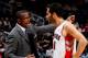ATLANTA, GA - JANUARY 16: Dwane Casey of the Toronto Raptors converses with Jose Calderon #8 against the Atlanta Hawks at Philips Arena on January 16, 2012 in Atlanta, Georgia. NOTE TO USER: User expressly acknowledges and agrees that, by downloading and or using this photograph, User is consenting to the terms and conditions of the Getty Images License Agreement. (Photo by Kevin C. Cox/Getty Images)