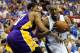 ORLANDO, FL - JUNE 14: Dwight Howard #12 of the Orlando Magic drives on Andrew Bynum #17 of the Los Angeles Lakers in the third quarter of Game Five of the 2009 NBA Finals on June 14, 2009 at Amway Arena in Orlando, Florida. NOTE TO USER: User expressly acknowledges and agrees that, by downloading and or using this photograph, User is consenting to the terms and conditions of the Getty Images License Agreement. (Photo by Ronald Martinez/Getty Images)
