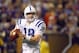 MINNEAPOLIS - SEPTEMBER 14: Quarterback Peyton Manning #18 of the Indianapolis Colts looks to pass the ball downfield during the game against the Minnesota Vikings at the Metrodome on September 14, 2008 in Minneapolis, Minnesota. (Photo by: Jeff Gross/Getty Images)