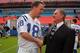 MIAMI GARDENS, FL - JANUARY 30: Quarterback Peyton Manning #18 of the Indianapolis Colts shakes hands with team owner Jim Irsay during Media Day at Dolphin Stadium on January 30, 2007 in Miami Gardens, Florida. (Photo by Scott Halleran/Getty Images)