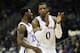 KANSAS CITY, MO - MARCH 08: Elijah Johnson #15 and Thomas Robinson #0 of the Kansas Jayhawks react during the first half of their game against the Texas A&M Aggies during the quarterfinals of the 2012 Big 12 Men's Basketball Tournament at Sprint Center on March 8, 2012 in Kansas City, Missouri. (Photo by Jamie Squire/Getty Images)