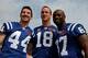 MIAMI GARDENS, FL - FEBRUARY 02: Dallas Clark #44, Peyton Manning #18 and Reggie Wayne #87 of the Indianapolis Colts pose on the field during Super Bowl XLIV Media Day at Sun Life Stadium on February 2, 2010 in Miami Gardens, Florida. (Photo by Doug Benc/Getty Images)