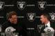 ALAMEDA, CA - JANUARY 30: New Oakland Raiders head coach Dennis Allen (R) talks with Raiders general manager Reggie McKenzie (L) looks on during a press conference on January 30, 2012 in Alameda, California. Dennis Allen was introduced as the new coach of the Oakland Raiders, replacing Hue Jackson who was fired after one season. (Photo by Justin Sullivan/Getty Images)