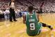 MIAMI, FL - MAY 03: Rajon Rondo #9 of the Boston Celtics reacts to a foul during Game Two of the Eastern Conference Semifinals of the 2011 NBA Playoffs against the Miami Heat at American Airlines Arena on May 3, 2011 in Miami, Florida. NOTE TO USER: User expressly acknowledges and agrees that, by downloading and/or using this Photograph, User is consenting to the terms and conditions of the Getty Images License Agreement. (Photo by Mike Ehrmann/Getty Images)