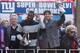 NEW YORK, NY - FEBRUARY 07: (L to R) Co-owner of the New York Giants Steve Tisch, Justin Tuck #91 of the New York Giants, Quarterback Eli Manning #10 of the New York Giants and Ann Mara stand on a float during Giants' Victory Parade on February 7, 2012 in New York City. The Giants defeated the New England Patriots 21-17 in Super Bowl XLVI. (Photo by Andrew Burton/Getty Images)