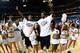 NEW ORLEANS, LA - MARCH 11: Festus Ezeli #3 and James Siakam #35 of the Vanderbilt Commodores celebrate their 71 to 64 win over the Kentucky Wildcats with cheerleaders after the championship game of the 2012 SEC Men's Basketball Tournament at New Orleans Arena on March 11, 2012 in New Orleans, Louisiana. (Photo by Chris Graythen/Getty Images)