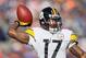 DENVER, CO - JANUARY 08: Mike Wallace #17 of the Pittsburgh Steelers throws the ball prior to the start of the AFC Wild Card Playoff game against the Denver Broncos at Sports Authority Field at Mile High on January 8, 2012 in Denver, Colorado. (Photo by Jeff Gross/Getty Images)