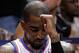 MIAMI, FL - FEBRUARY 23: J.R. Smith #8 of the New York Knicks looks on during a game against the Miami Heat at American Airlines Arena on February 23, 2012 in Miami, Florida. NOTE TO USER: User expressly acknowledges and agrees that, by downloading and/or using this Photograph, User is consenting to the terms and conditions of the Getty Images License Agreement. (Photo by Mike Ehrmann/Getty Images)