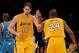 LOS ANGELES, CA - APRIL 26: Pau Gasol #16 reacts with teammate Kobe Bryant #24 of the Los Angeles Lakers in the third quarter while taking on the New Orleans Hornets in Game Five of the Western Conference Quarterfinals in the 2011 NBA Playoffs on April 26, 2011 at Staples Center in Los Angeles, California. NOTE TO USER: User expressly acknowledges and agrees that, by downloading and or using this photograph, User is consenting to the terms and conditions of the Getty Images License Agreement. (Photo by Harry How/Getty Images)