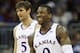 KANSAS CITY, MO - MARCH 08: Thomas Robinson #0 and Jeff Withey #5 of the Kansas Jayhawks react in the second half against the Texas A&M Aggies during the quarterfinals of the 2012 Big 12 Men's Basketball Tournament at Sprint Center on March 8, 2012 in Kansas City, Missouri. The Jayhawks defeated the Aggies 83 to 66. (Photo by Jamie Squire/Getty Images)