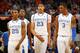NEW ORLEANS, LA - MARCH 10: Marquis Teague #25, Michael Kidd-Gilchrist #14, Anthony Davis #23 and Terrence Jones #3 of the Kentucky Wildcats react in the first half against the Florida Gators during the semifinals of the SEC Men's Basketball Tournament at New Orleans Arena on March 10, 2012 in New Orleans, Louisiana. (Photo by Chris Graythen/Getty Images)