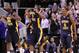 Canaan (3) and Poole (11) celebrate a win in the OVC Tournament.