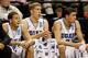 GREENSBORO, NC - MARCH 16: Seth Curry #30, Mason Plumlee #5 and Austin Rivers #0 of the Duke Blue Devils sit on the bench in the first half while taking on the Lehigh Mountain Hawks during the second round of the 2012 NCAA Men's Basketball Tournament at Greensboro Coliseum on March 16, 2012 in Greensboro, North Carolina. (Photo by Streeter Lecka/Getty Images)